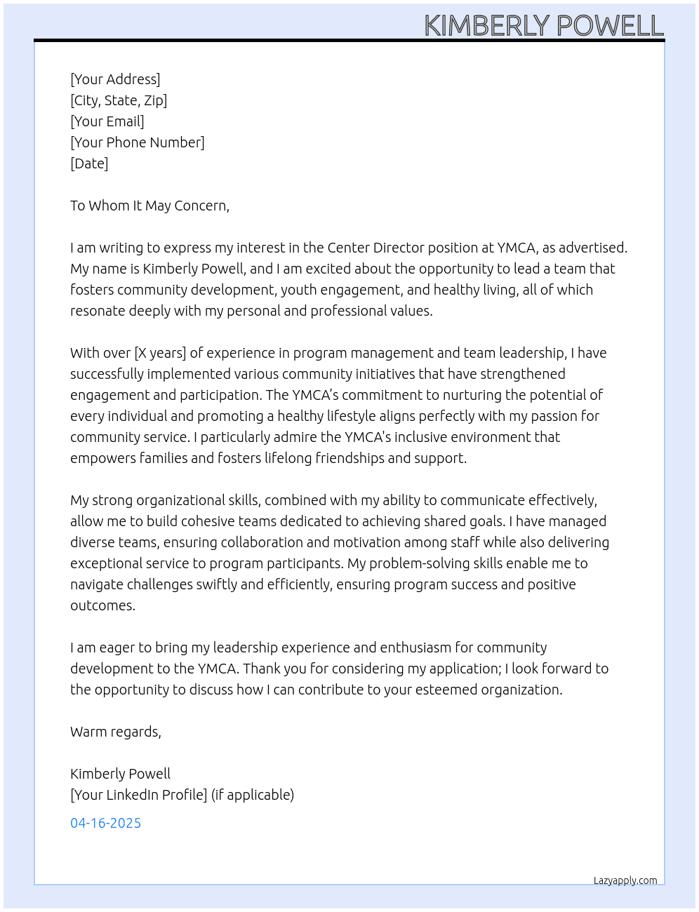 Center Director At YMCA Cover Letter