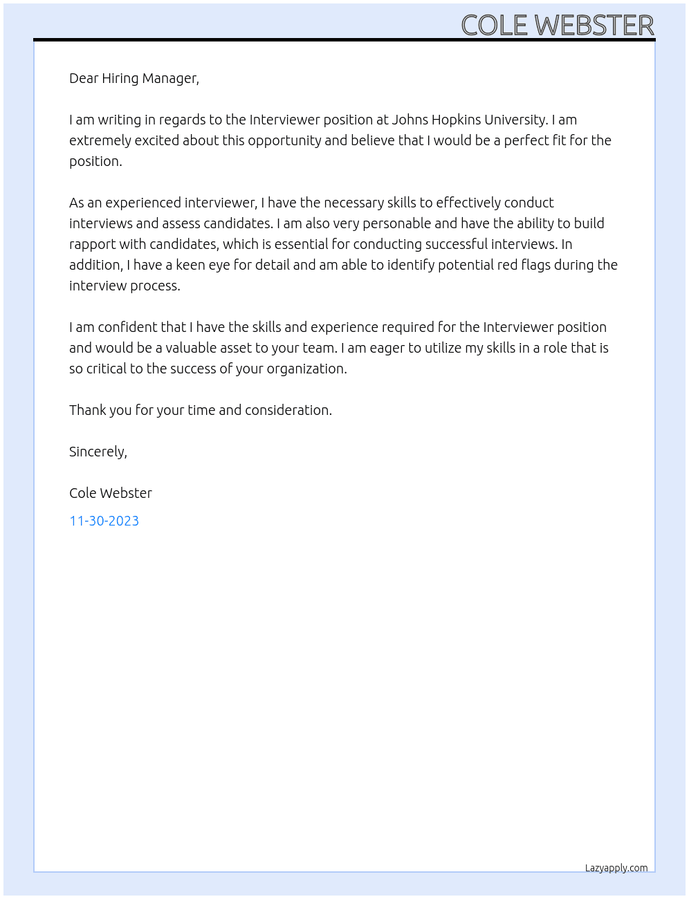 Interviewer At Johns Hopkins University Cover Letter