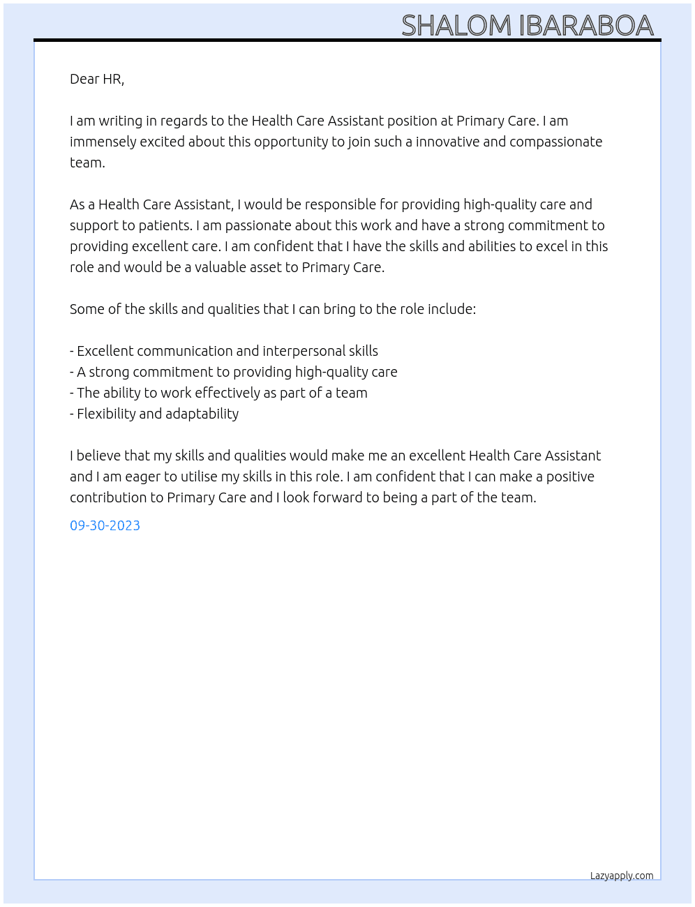 health care assiatance At primary care  Cover Letter