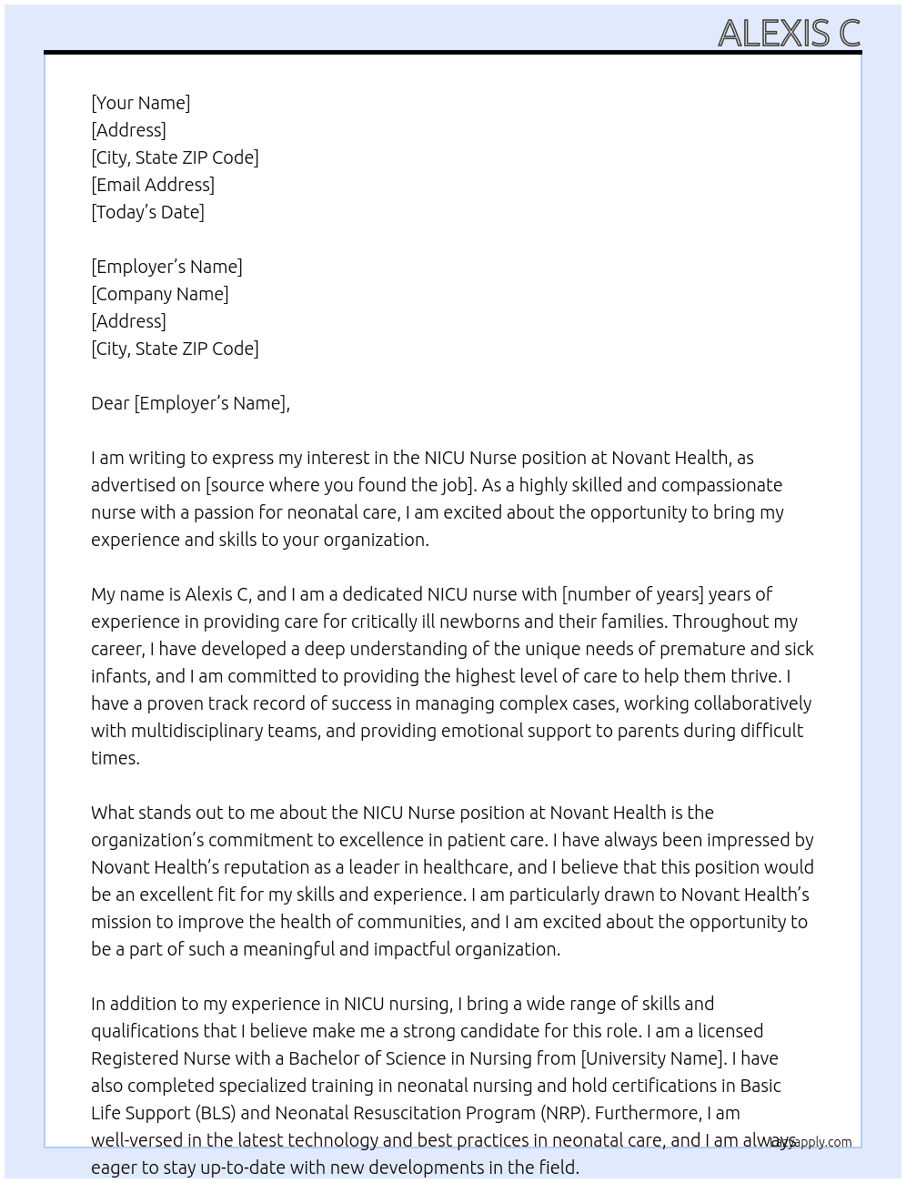 nicu nurse At novant health Cover Letter