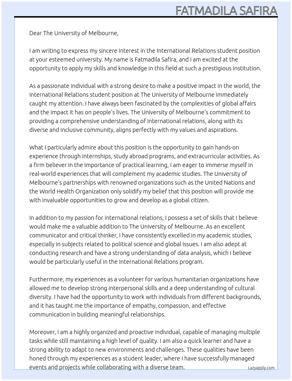 International Relations student At The University of Melbourne Cover Letter