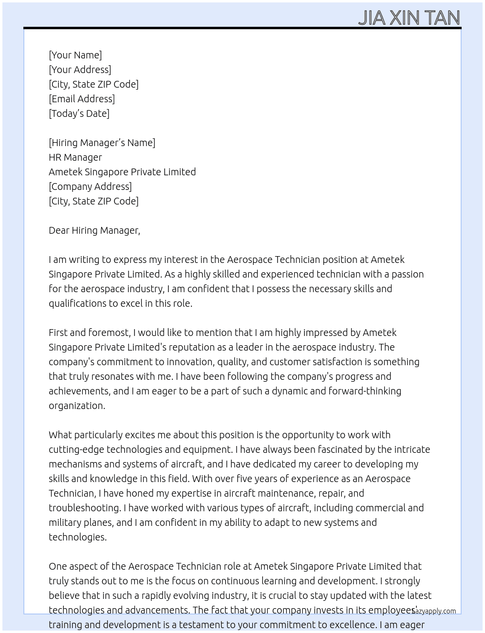 Aerospace Technician  At Ametek Singapore Private Limited Cover Letter