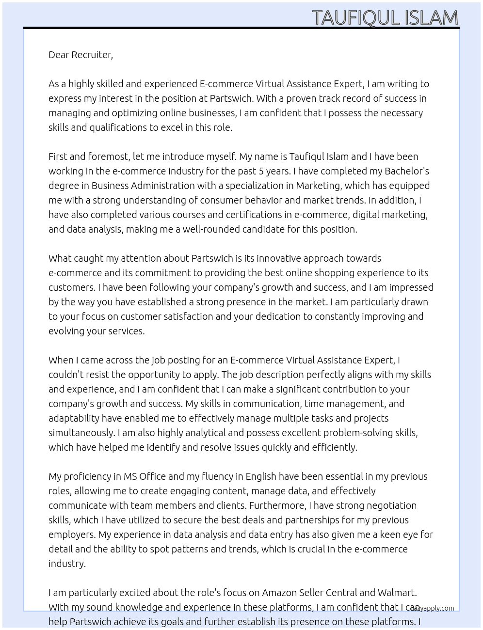 E-commerce Virtual Assistance Expert At Partswich Cover Letter