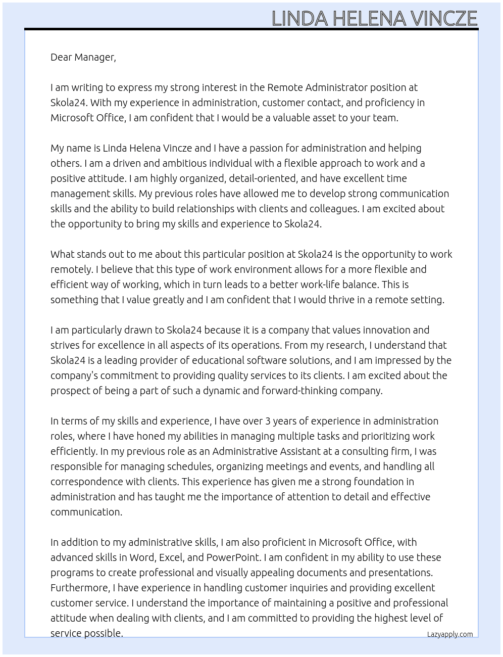 Remote Administrator At Skola24 Cover Letter