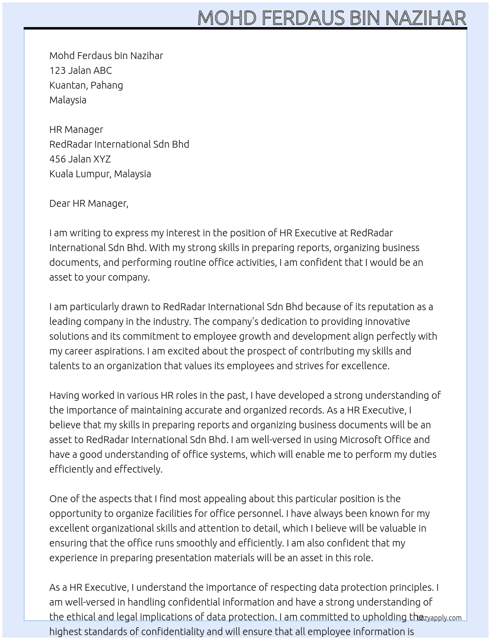 HR Executive At RedRadar International Sdn Bhd Cover Letter