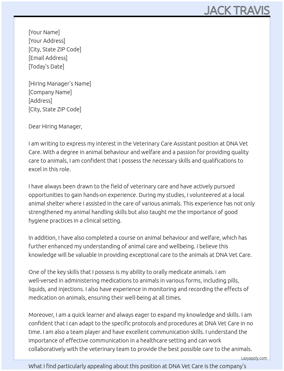 Veterinary Care Assistant At DNA Vet Care Cover Letter