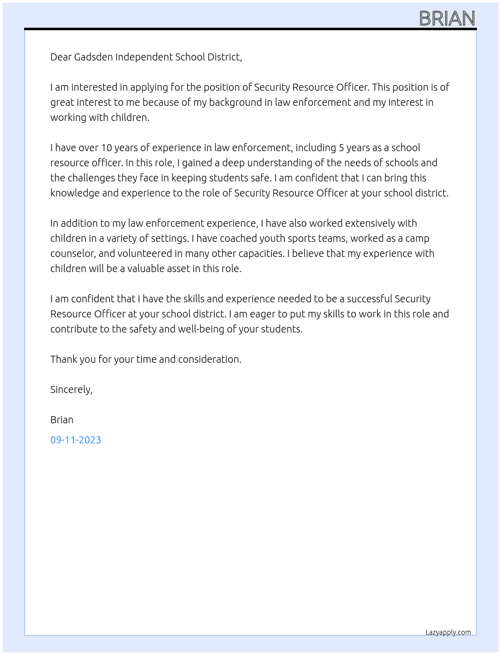 Security resource officer  At Gadsden independent school district  Cover Letter