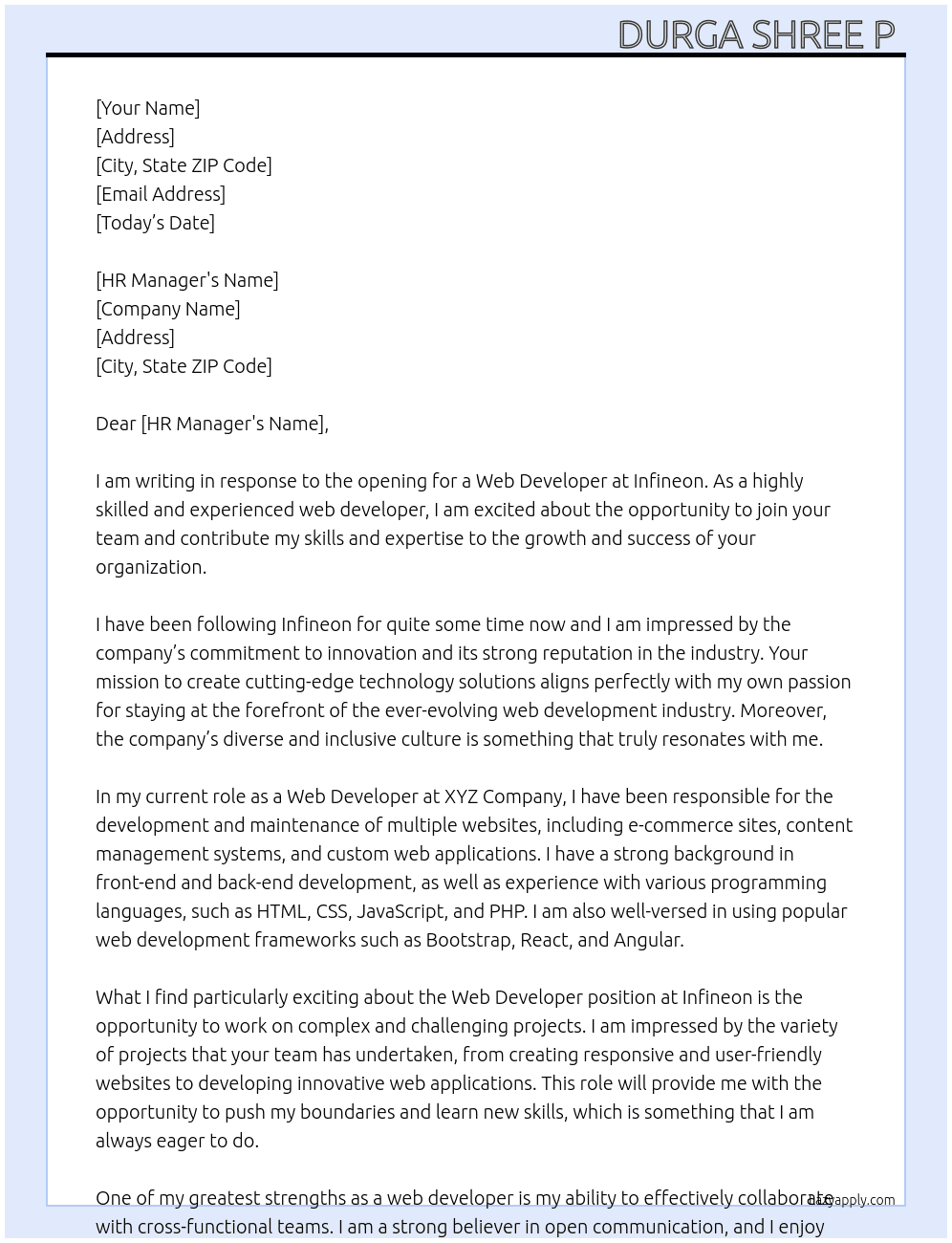 web developer At infineon Cover Letter