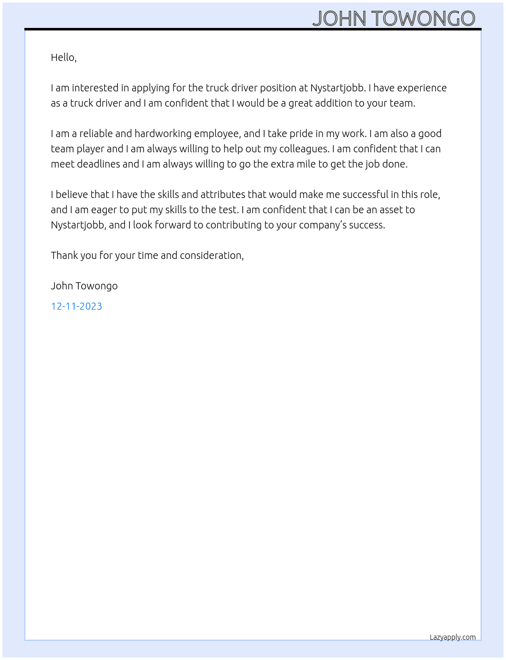 truck driver  At Nystartjobb Cover Letter