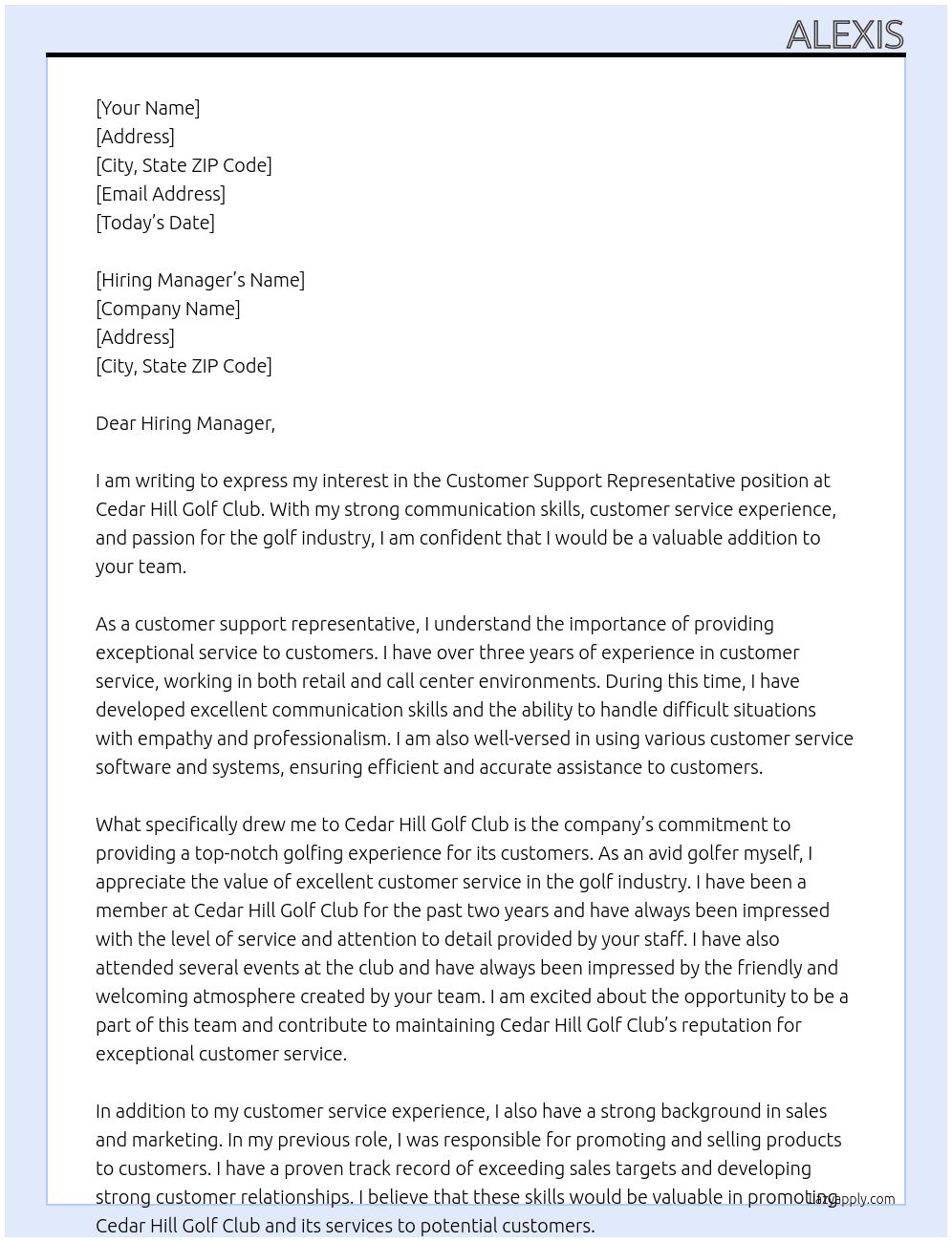 customer support representative At cedar hill golf club Cover Letter