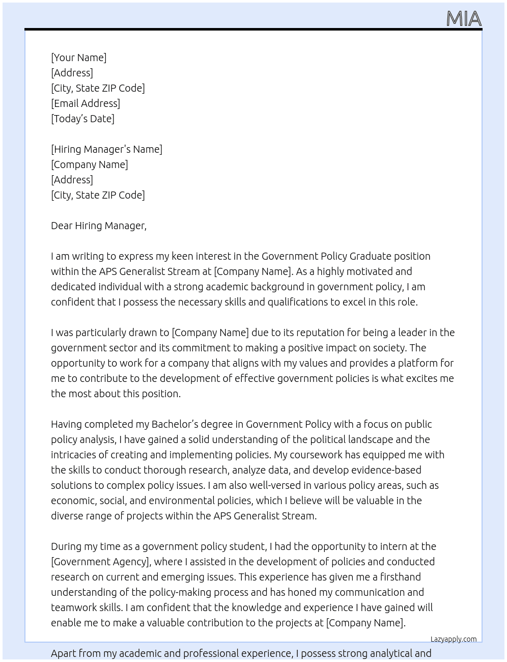 Government policy graduate At APS Generalist Stream Cover Letter