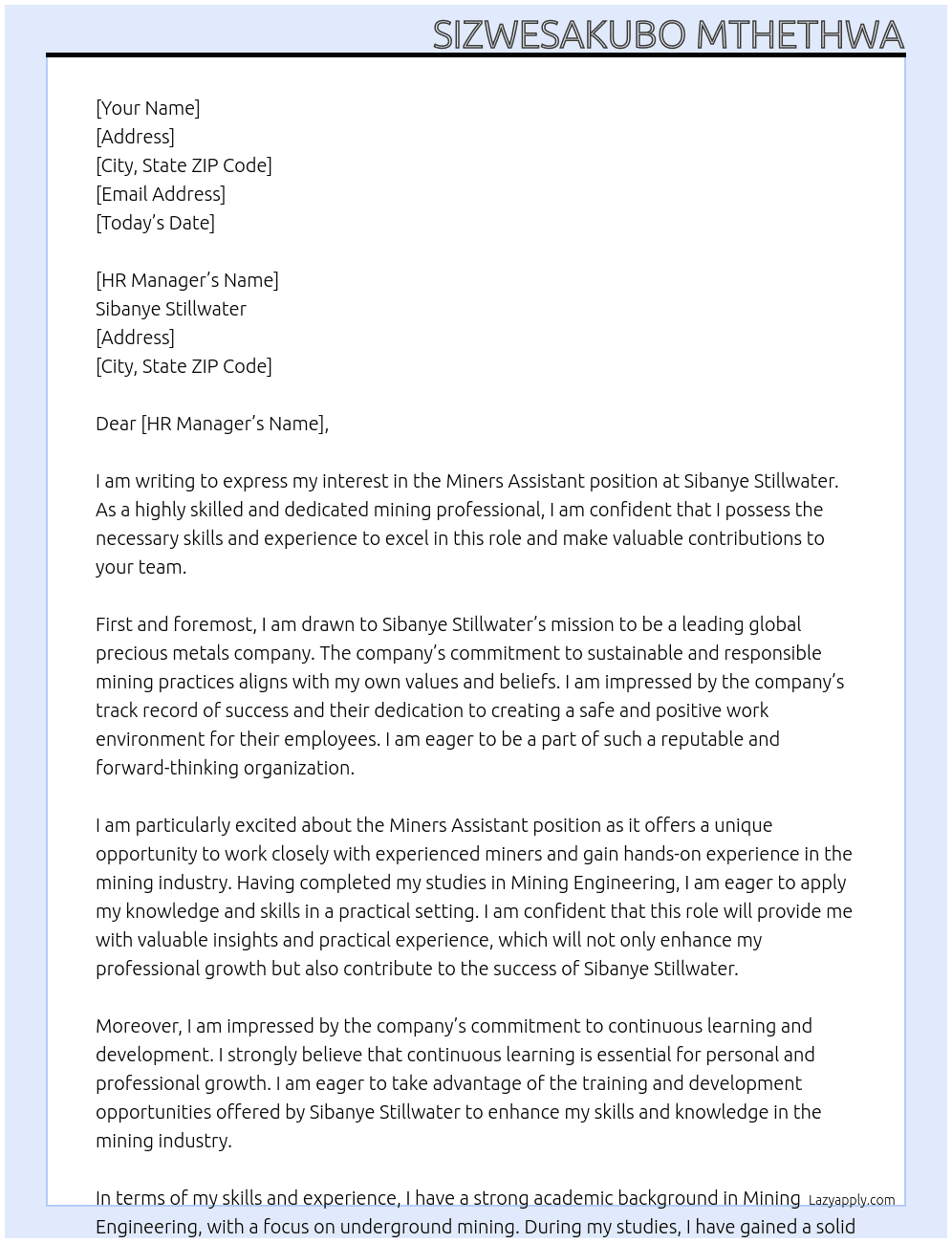 Cover letter for miners assistant - LazyApply