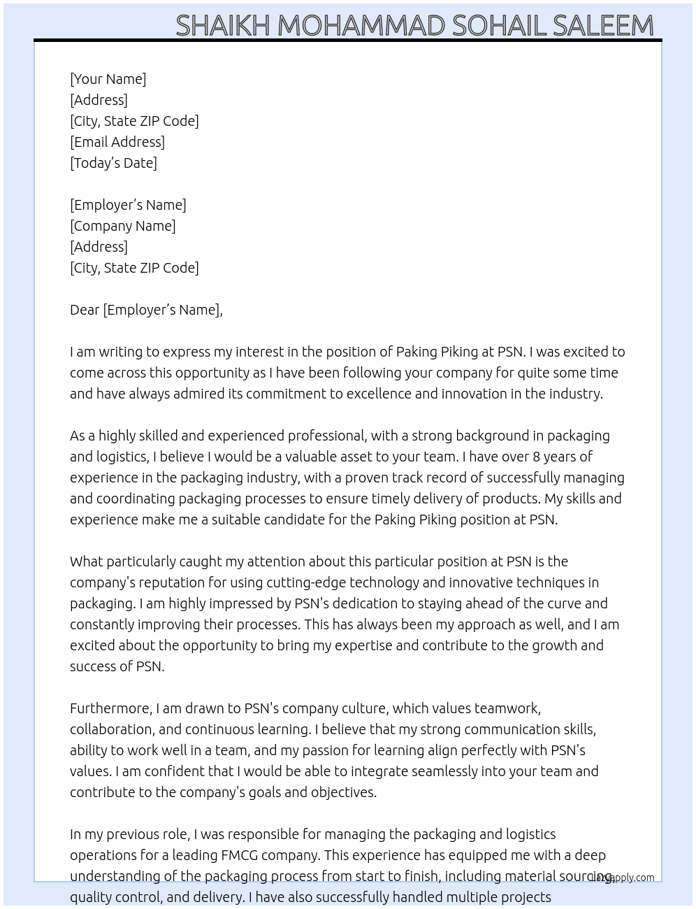 Paking piking  At Psn  Cover Letter