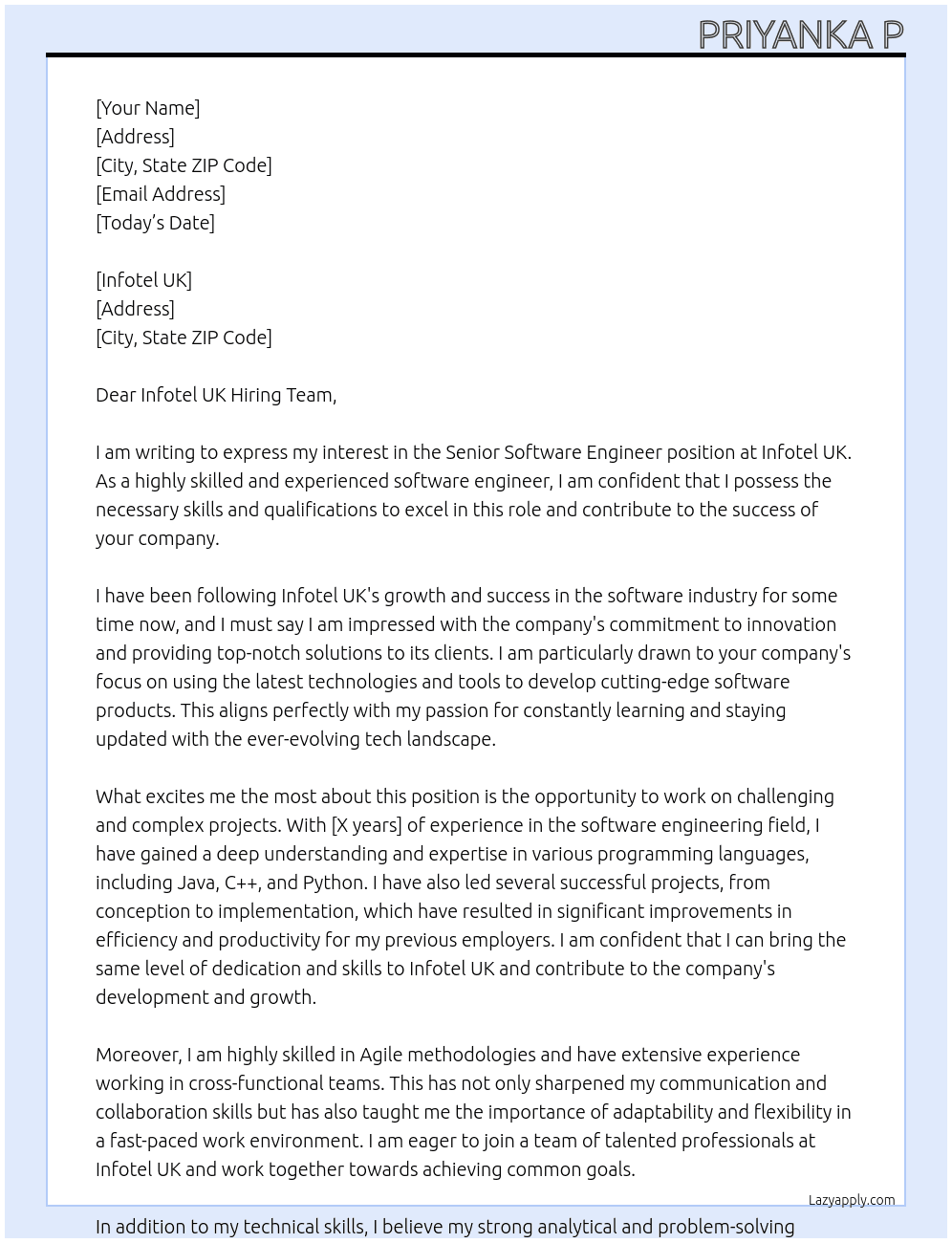Senior Software Engineer At Infotel UK  Cover Letter