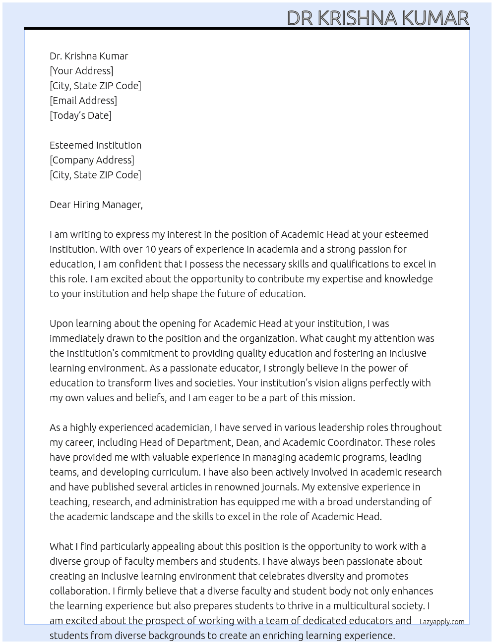 Academic Head At Esteemed institution Cover Letter