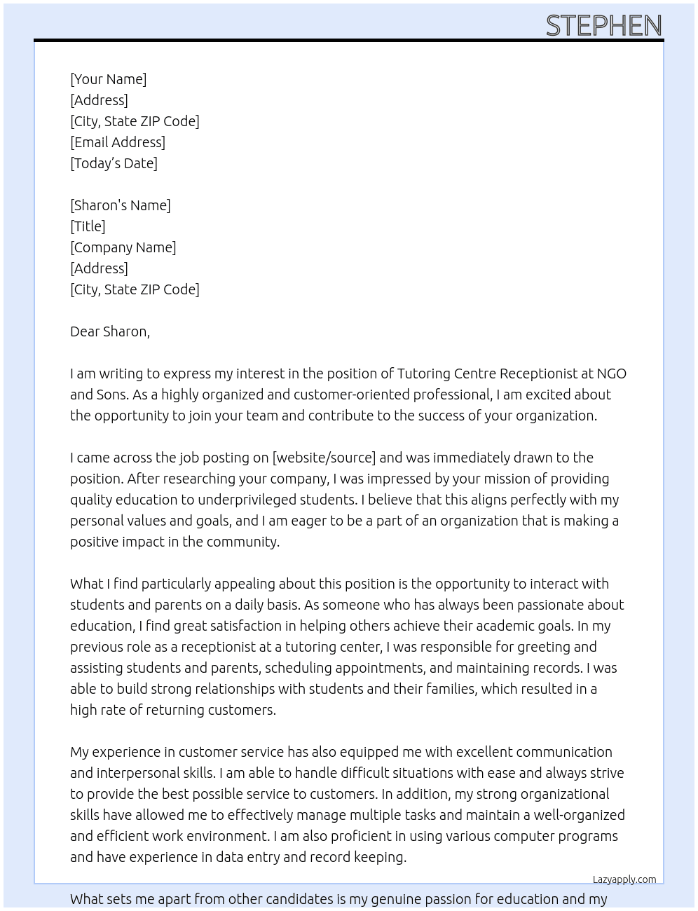 Tutoring Centre Receptionist At NGO and sons Cover Letter