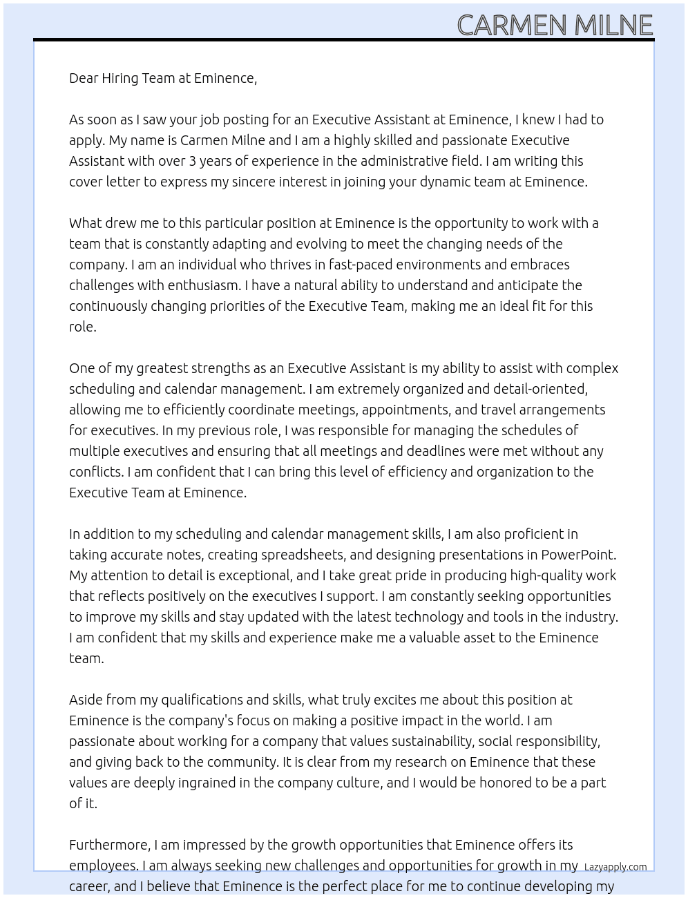 Executive Assistant  At Eminence  Cover Letter