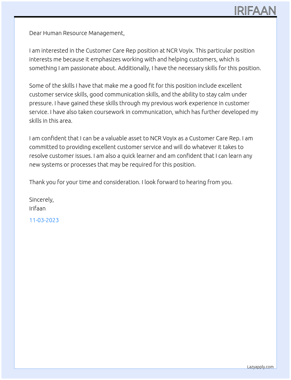 Customer Care Rep At NCR Voyix Cover Letter
