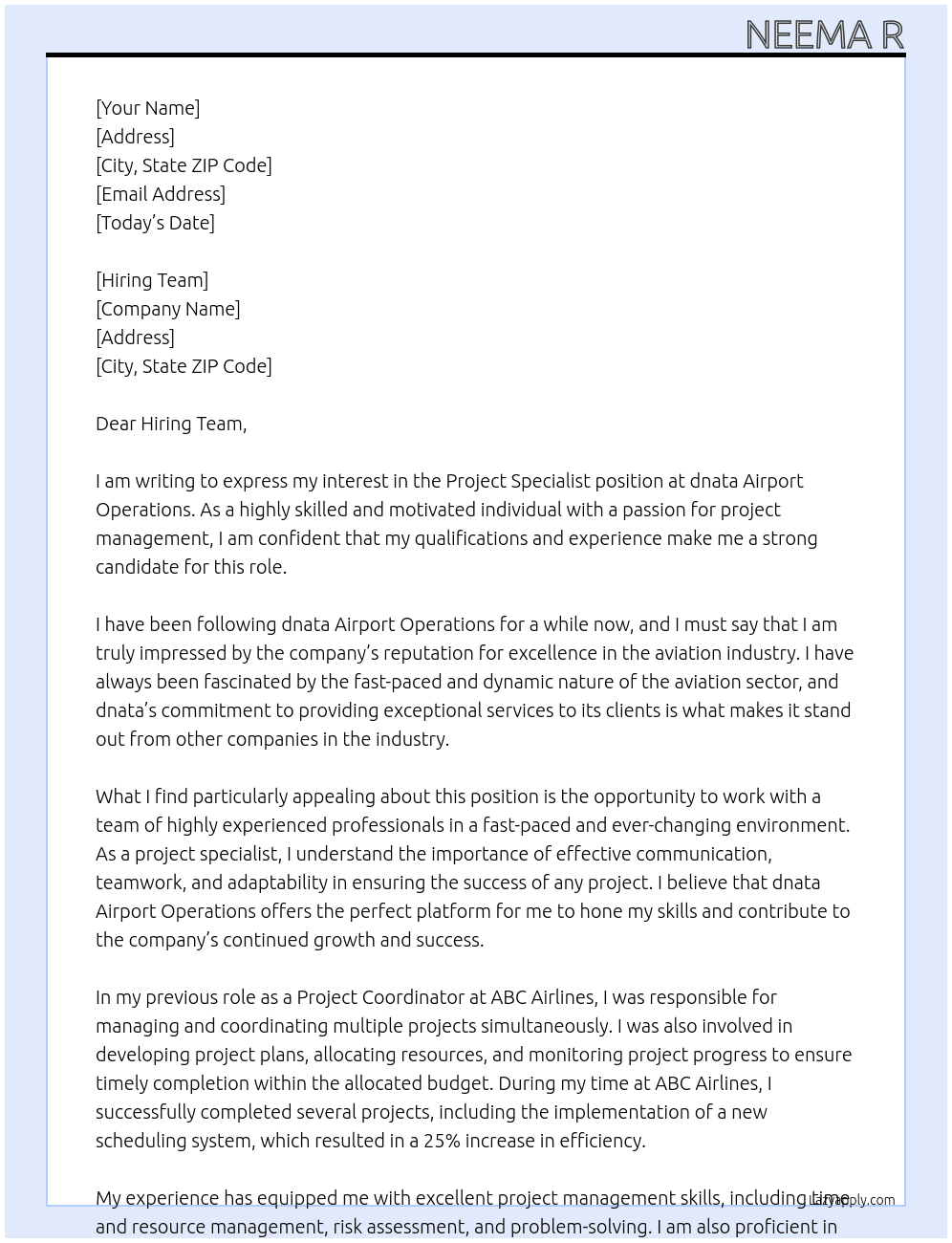 Project Specialist At dnata Airport Operations Cover Letter