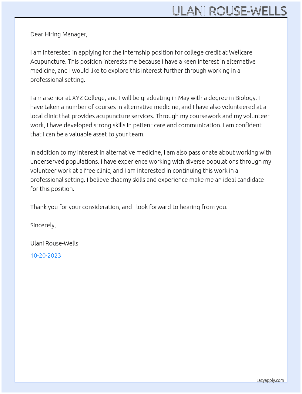 Internship for college credit At Wellcare Acupuncture Cover Letter