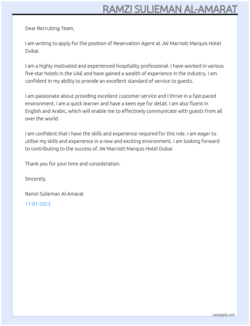 Reservation Agent At JW Marriott Marquis Hotel Dubai Cover Letter