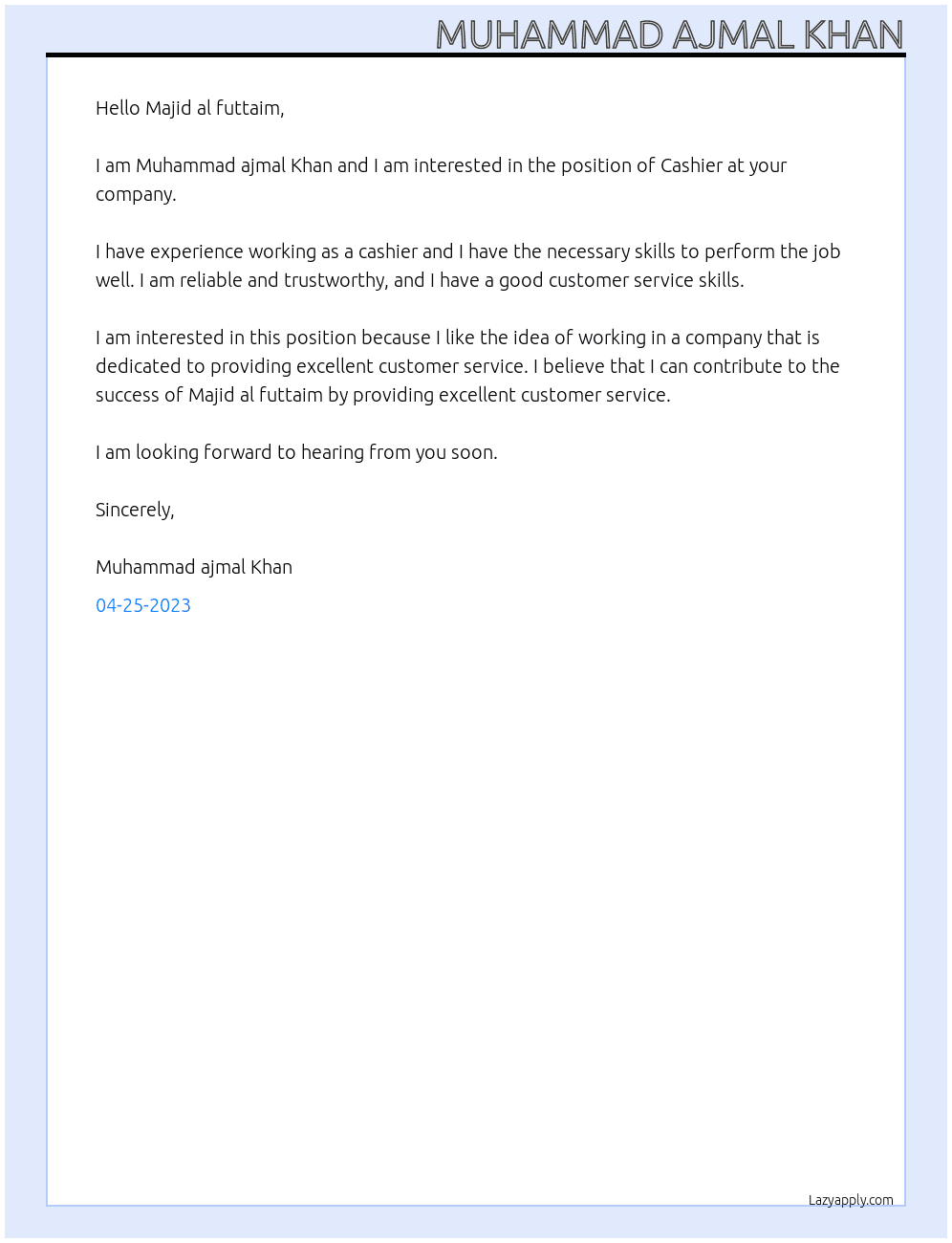 Cashier At Majid al futtaim Cover Letter