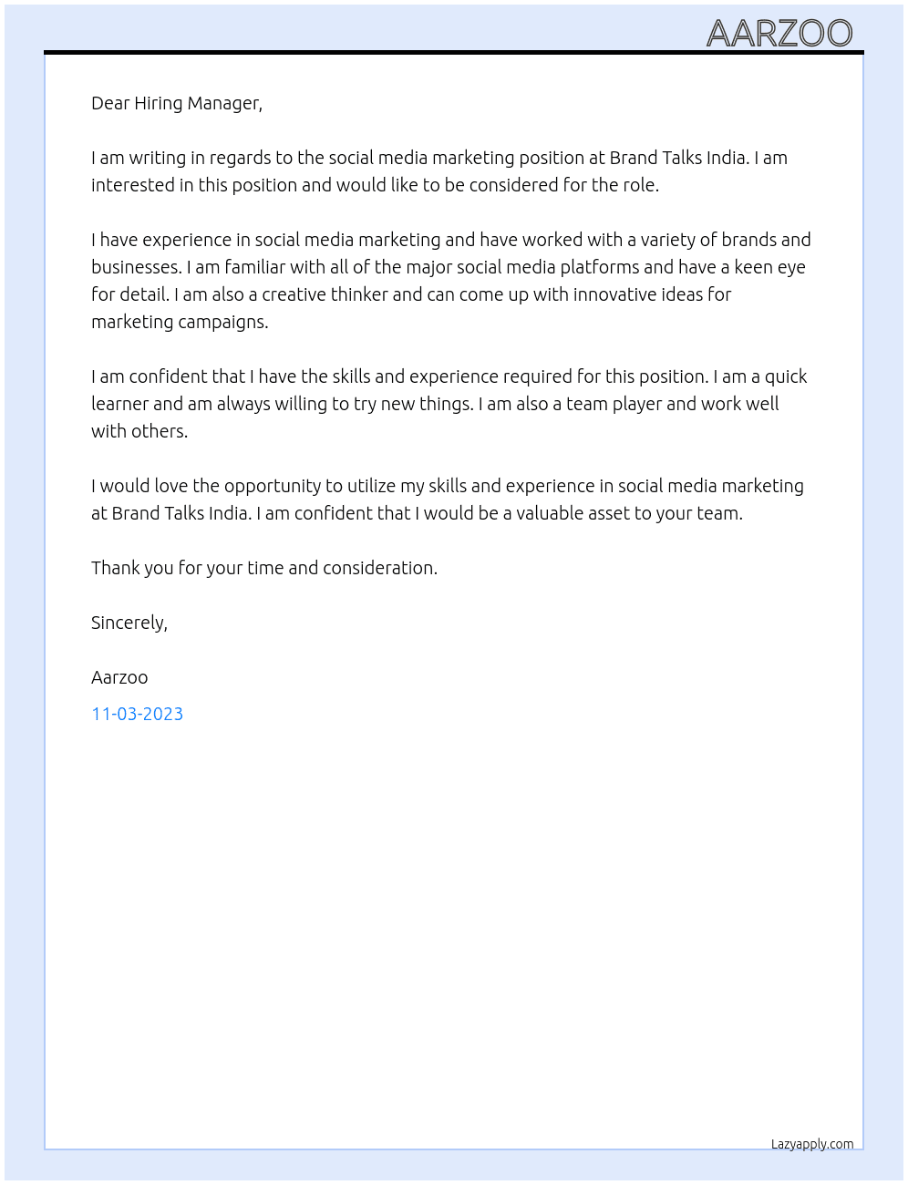Social media marketing  At Brand talks India Cover Letter