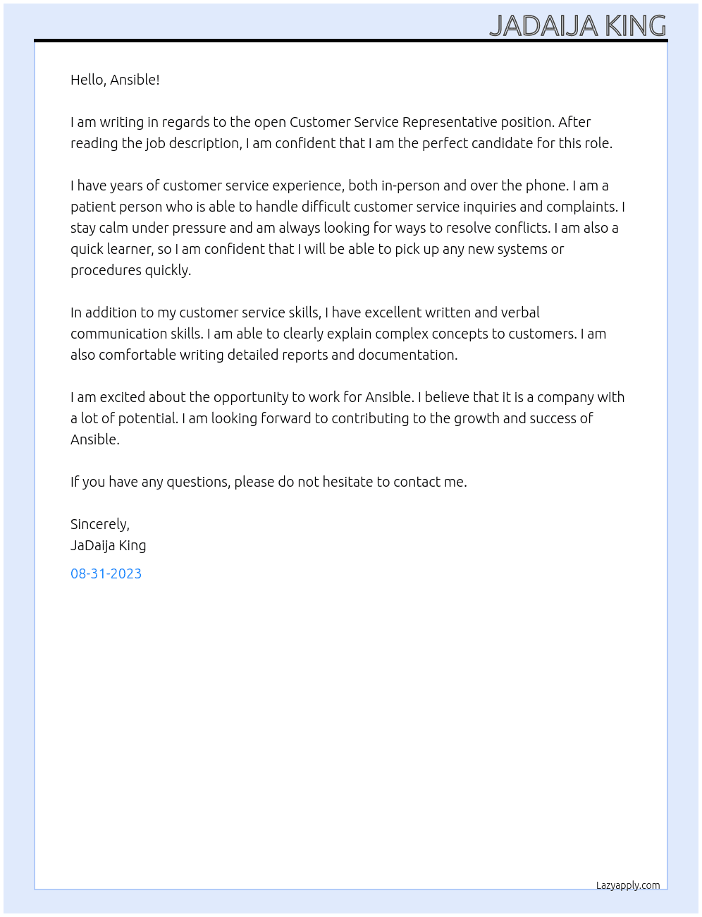 Customer Service Representative  At Ansible Cover Letter