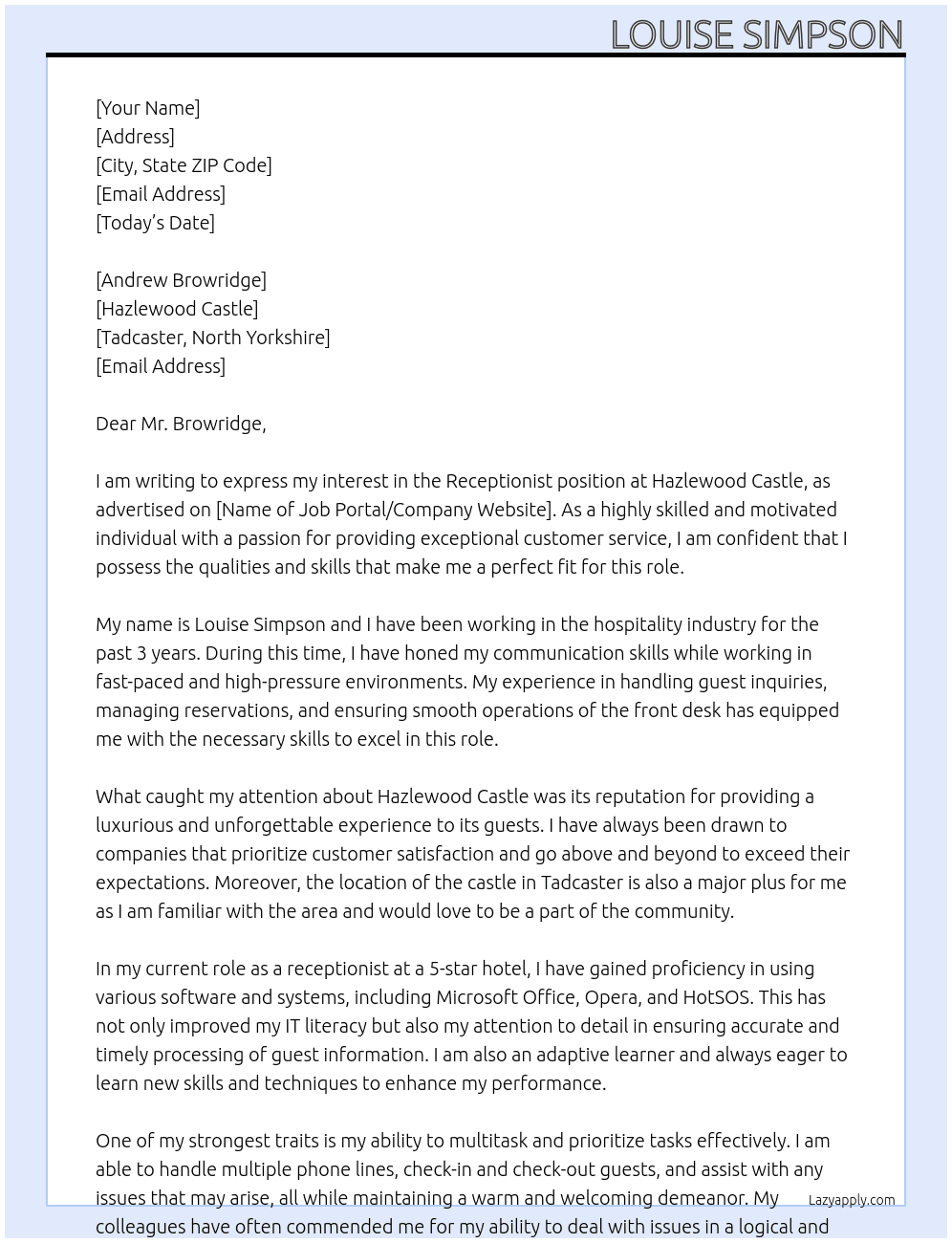 Receptionist At Hazlewood Castle Cover Letter