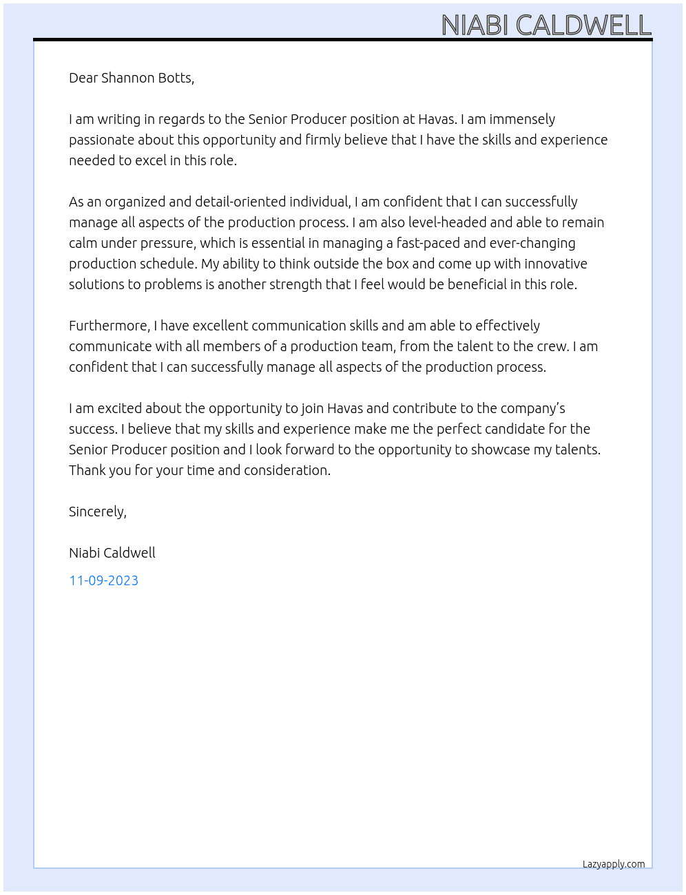 Senior Producer At Havas Cover Letter