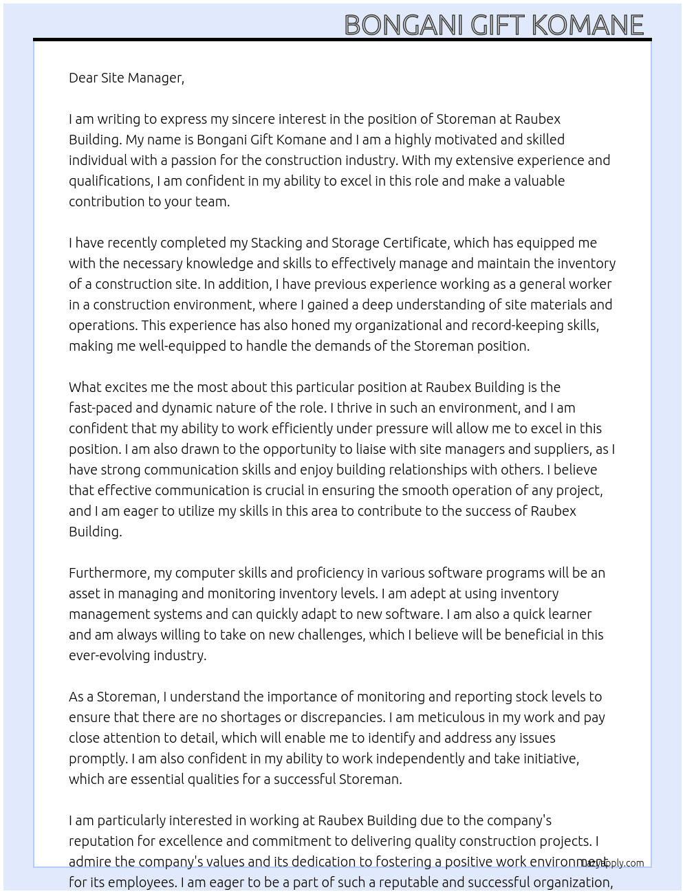 Storeman  At Raubex Building Cover Letter