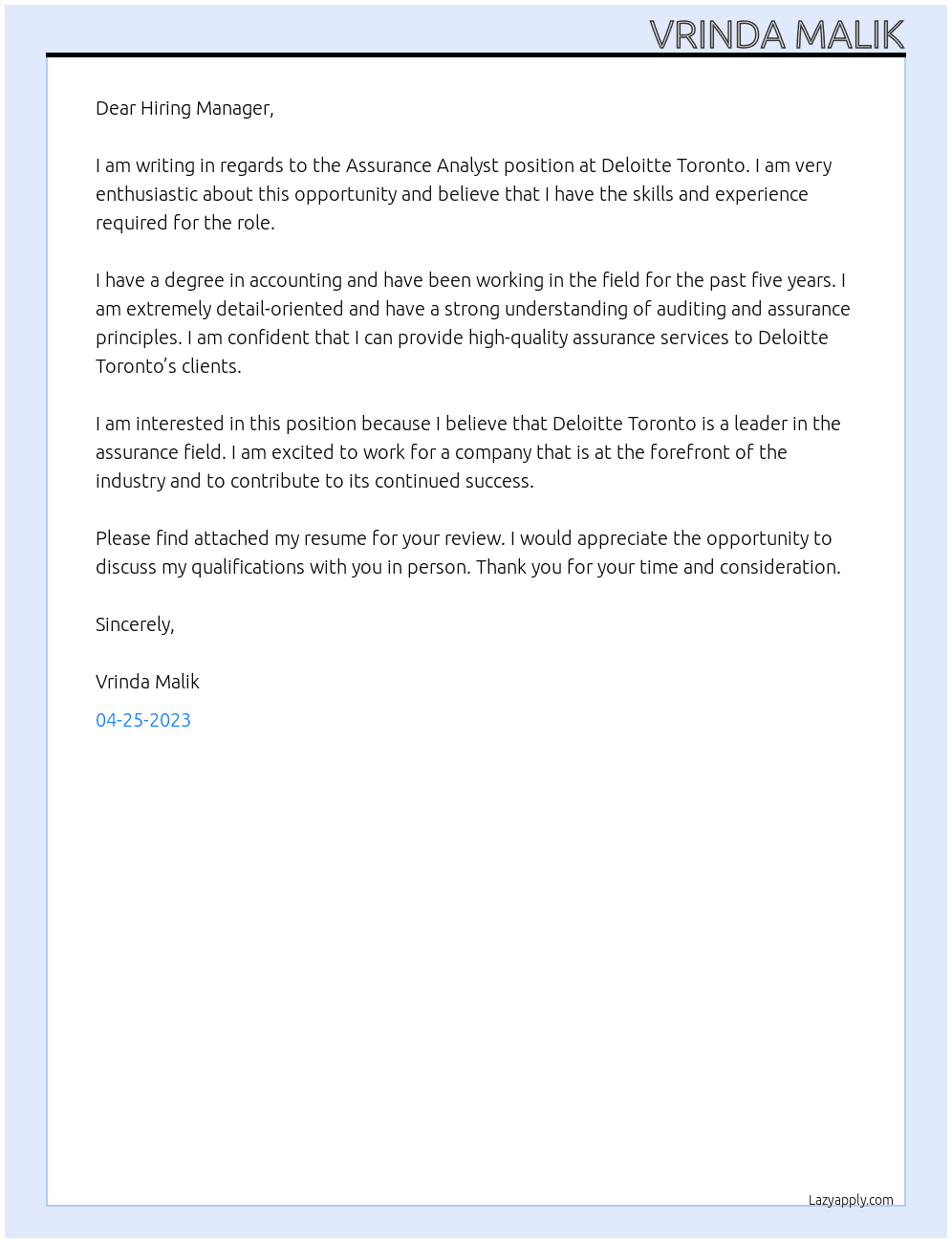 Assurance Analyst At Deloitte Toronto  Cover Letter