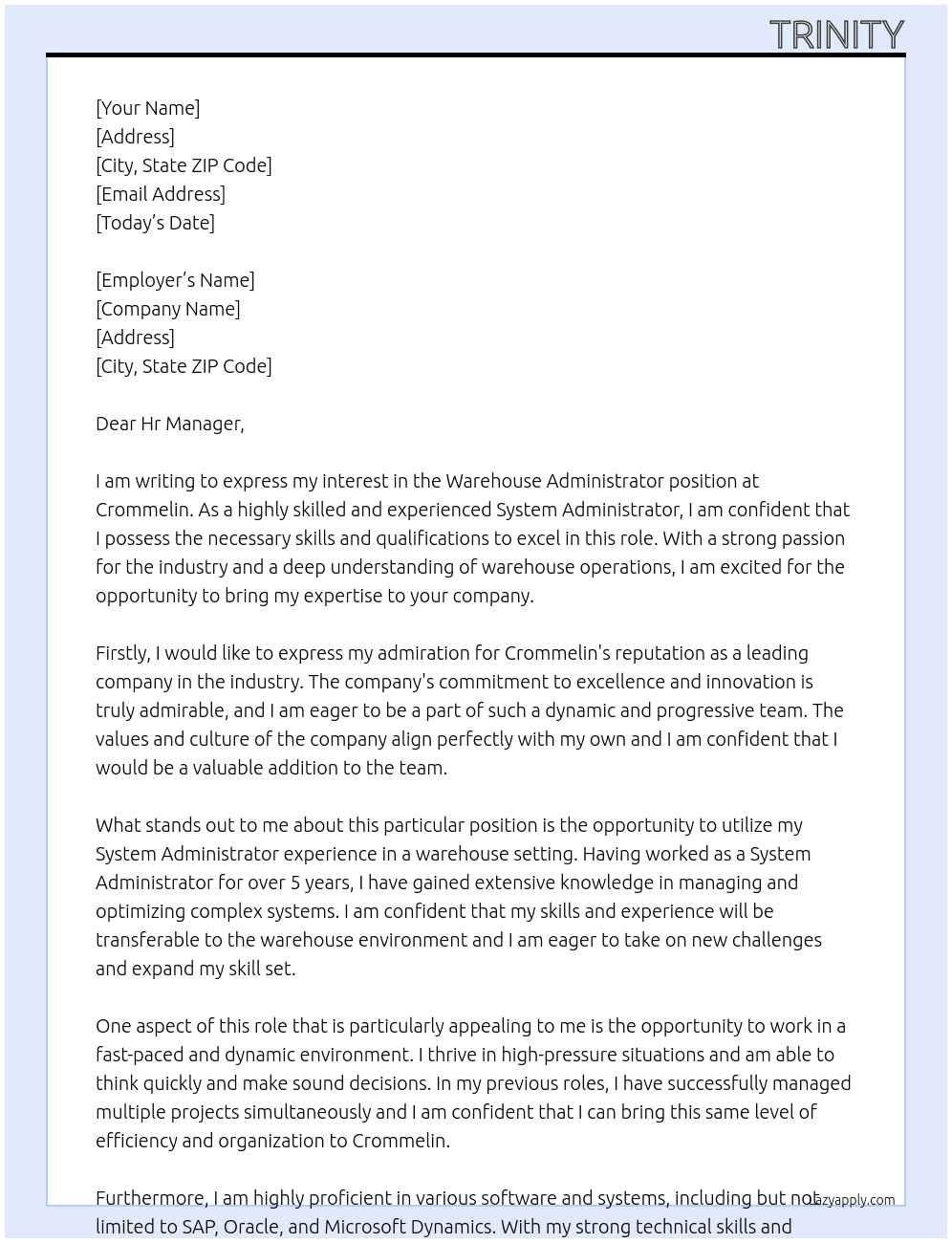 Warehouse Administrator At Crommelin Cover Letter