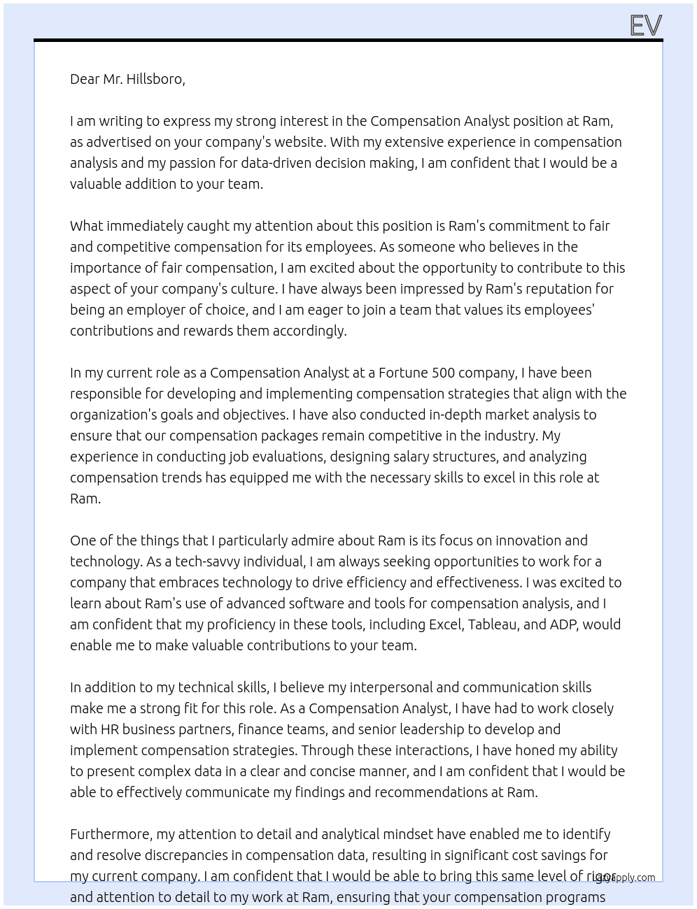 Compensaton Analyst At Ram Cover Letter