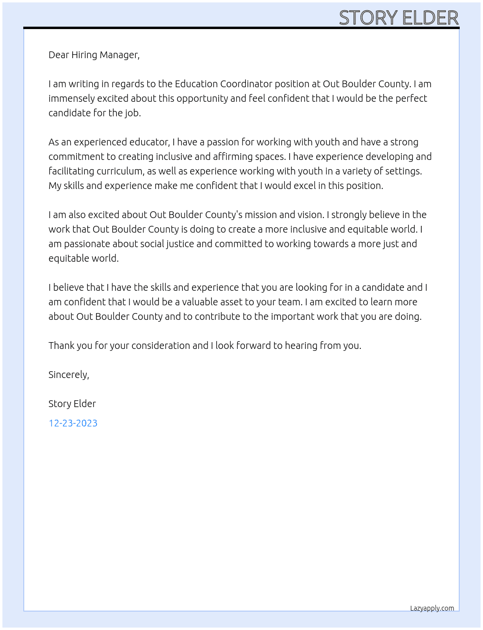 Education Coordinator At Out Boulder County Cover Letter
