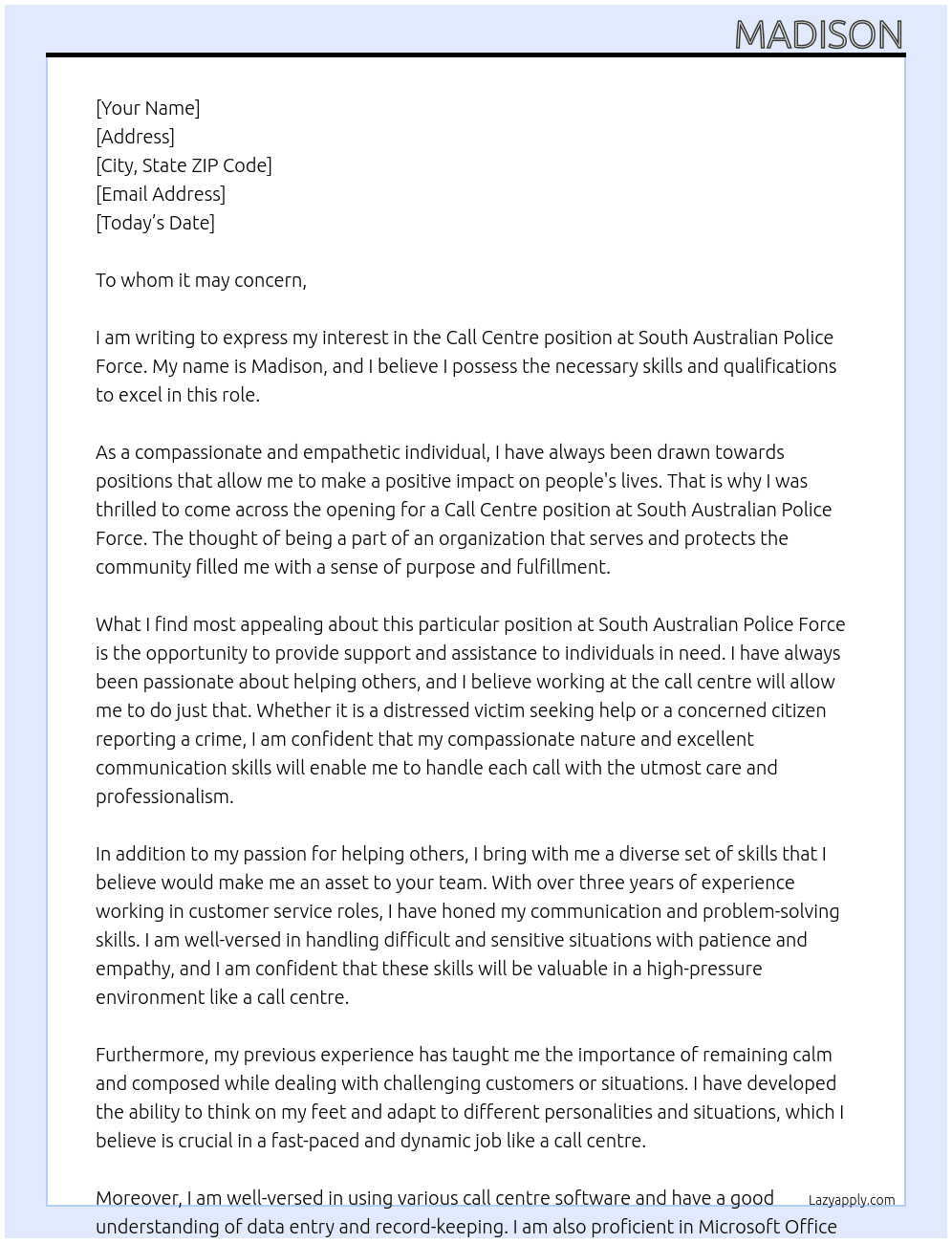 Call centre At South Australian Police Force Cover Letter