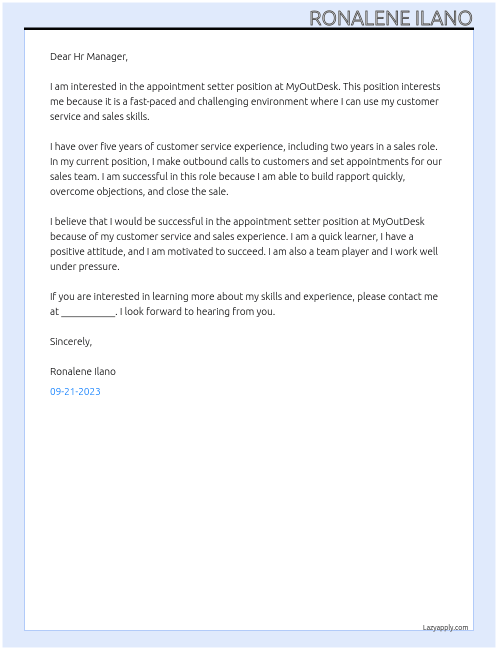 Appointment setter At MyOutDesk Cover Letter