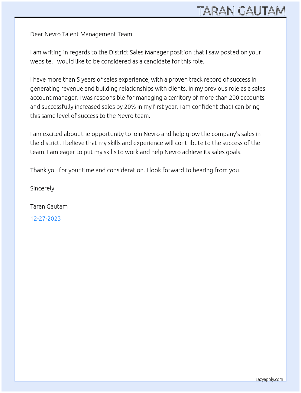 District Sales Manager At Nevro Cover Letter