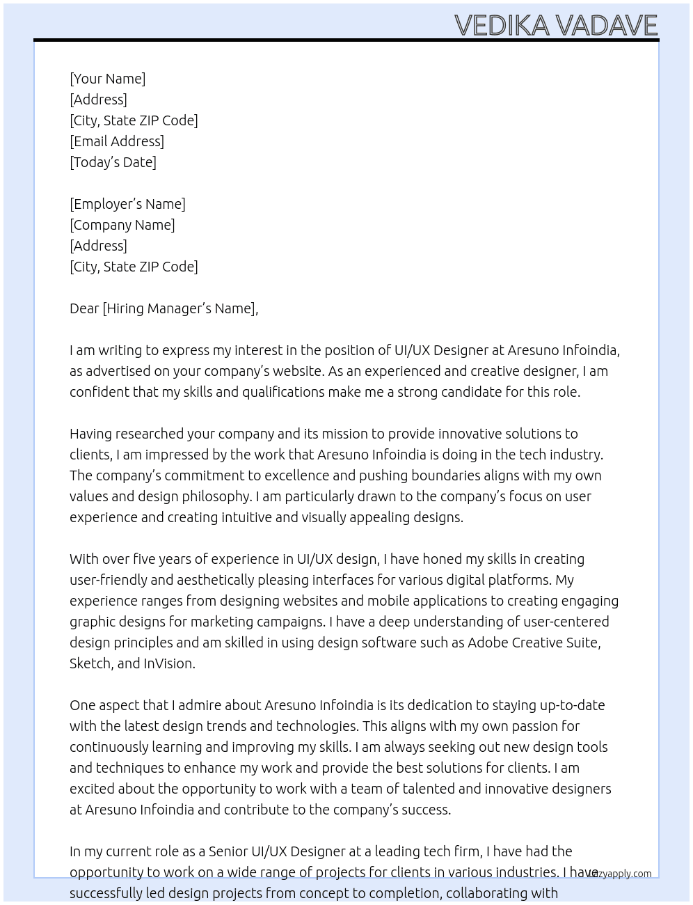 UI/UX Designer At aresuno infoindia Cover Letter