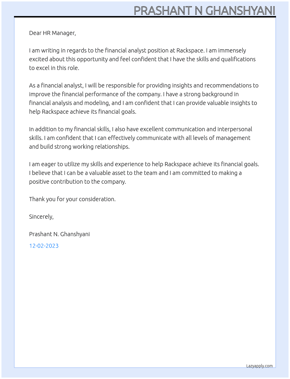 Financial Analyst At Rackspace Cover Letter