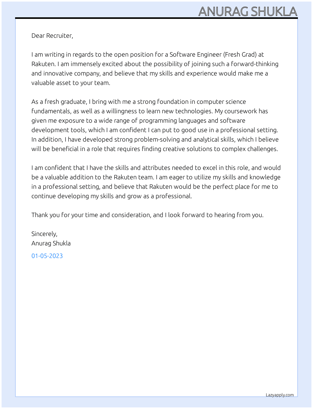 Software Engineer (Fresh Grad) At Rakuten Cover Letter