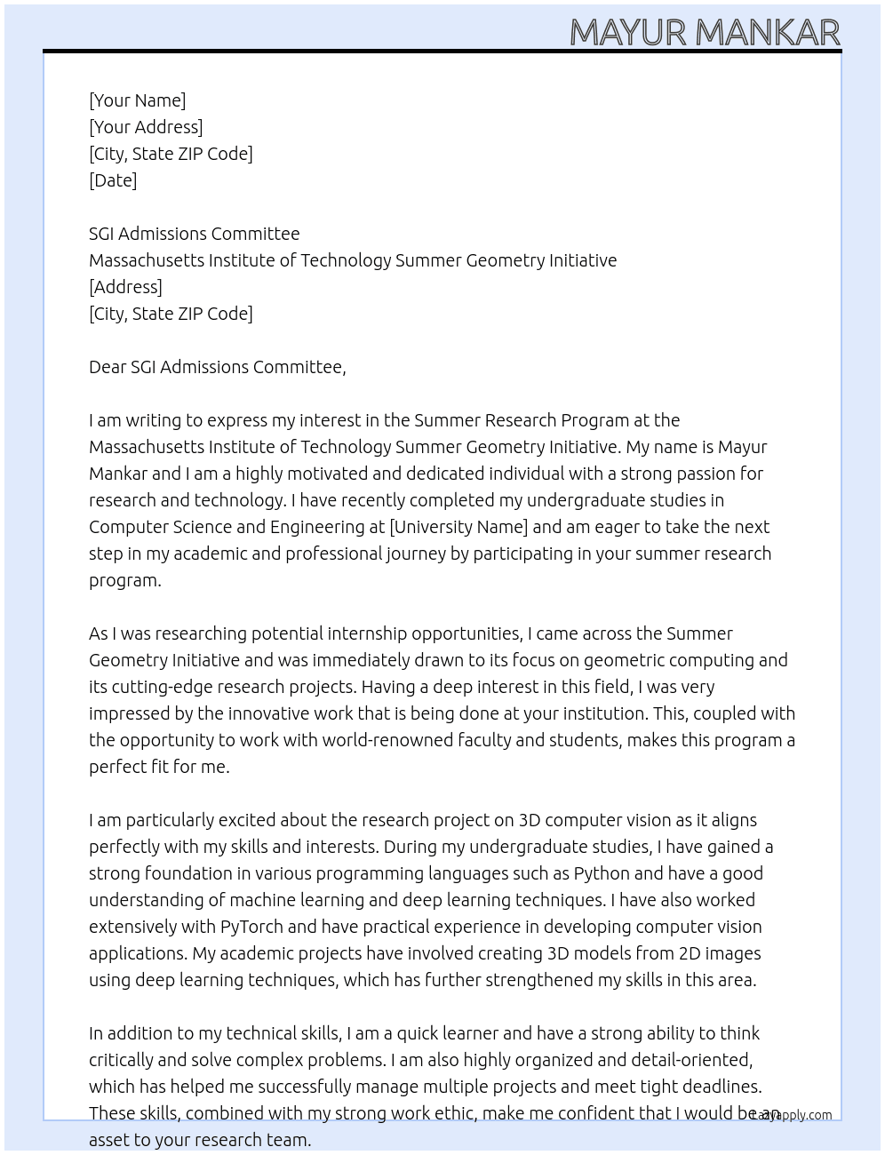 summer research program At Massachusetts Institute of Technology Summer Geometry Initiative Cover Letter