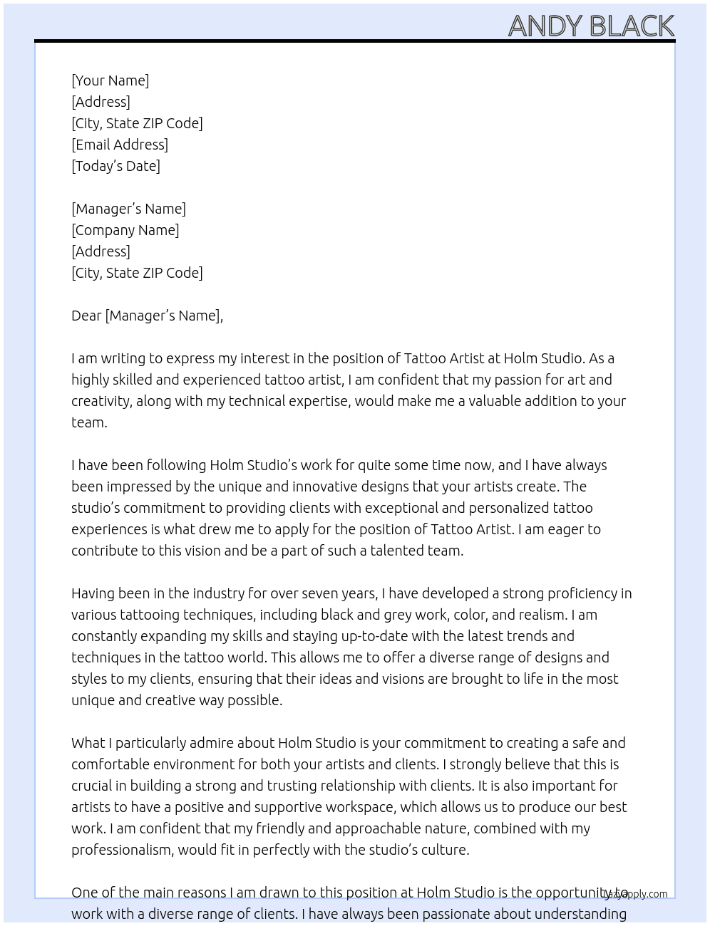 Tattoo Artist  At Holm Studio  Cover Letter