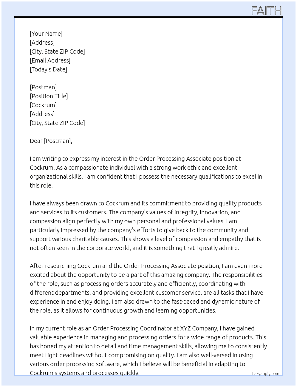 Order Processing Associate At Cockrum Cover Letter