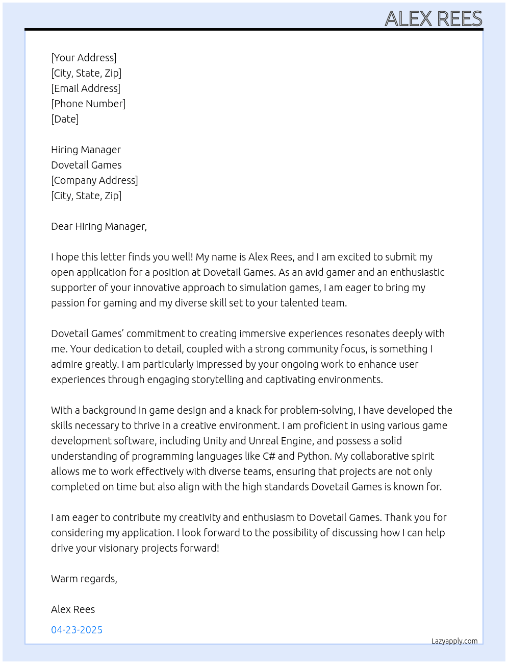open application  At dovetail games Cover Letter