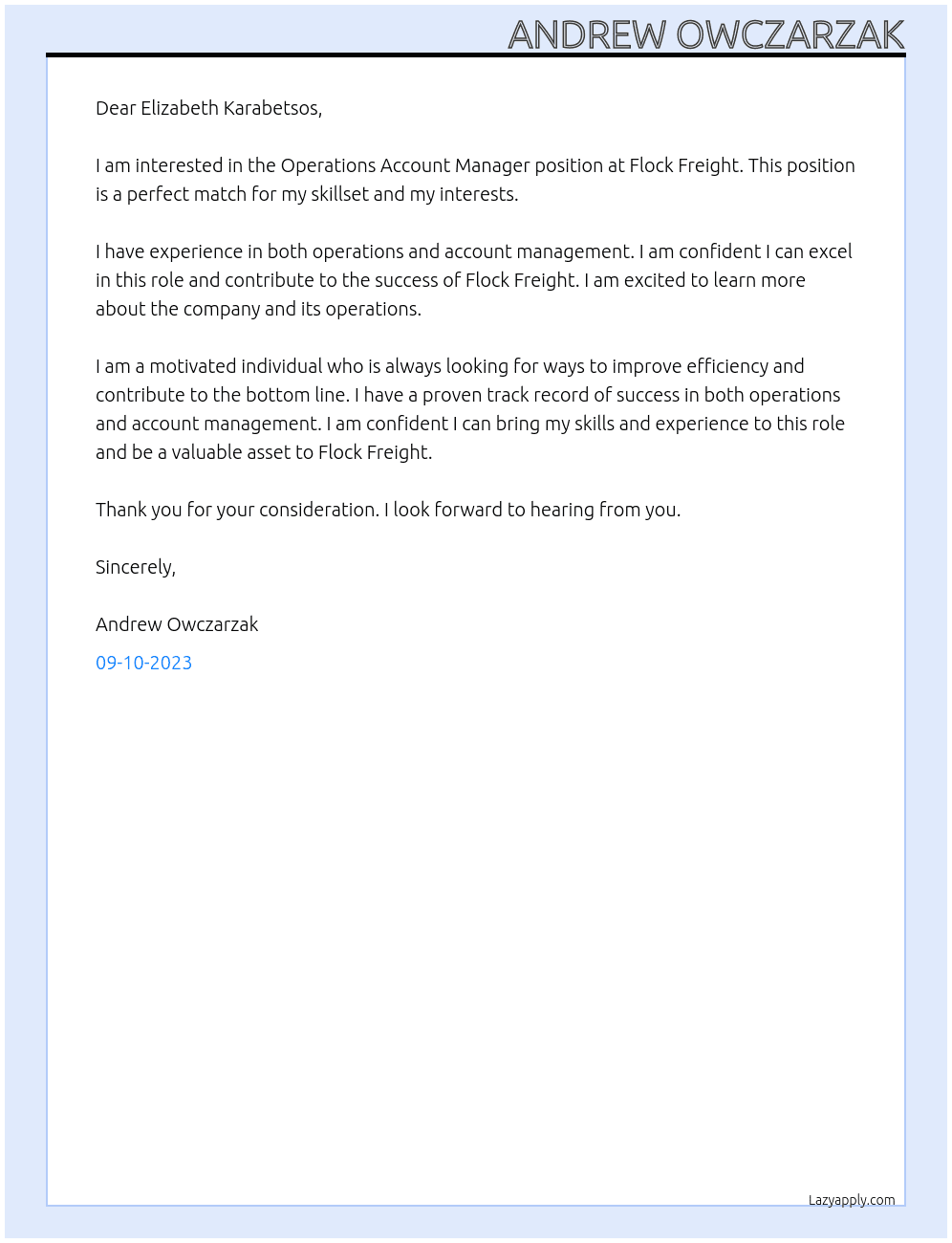Operations Account Manager At Flock Freight Cover Letter