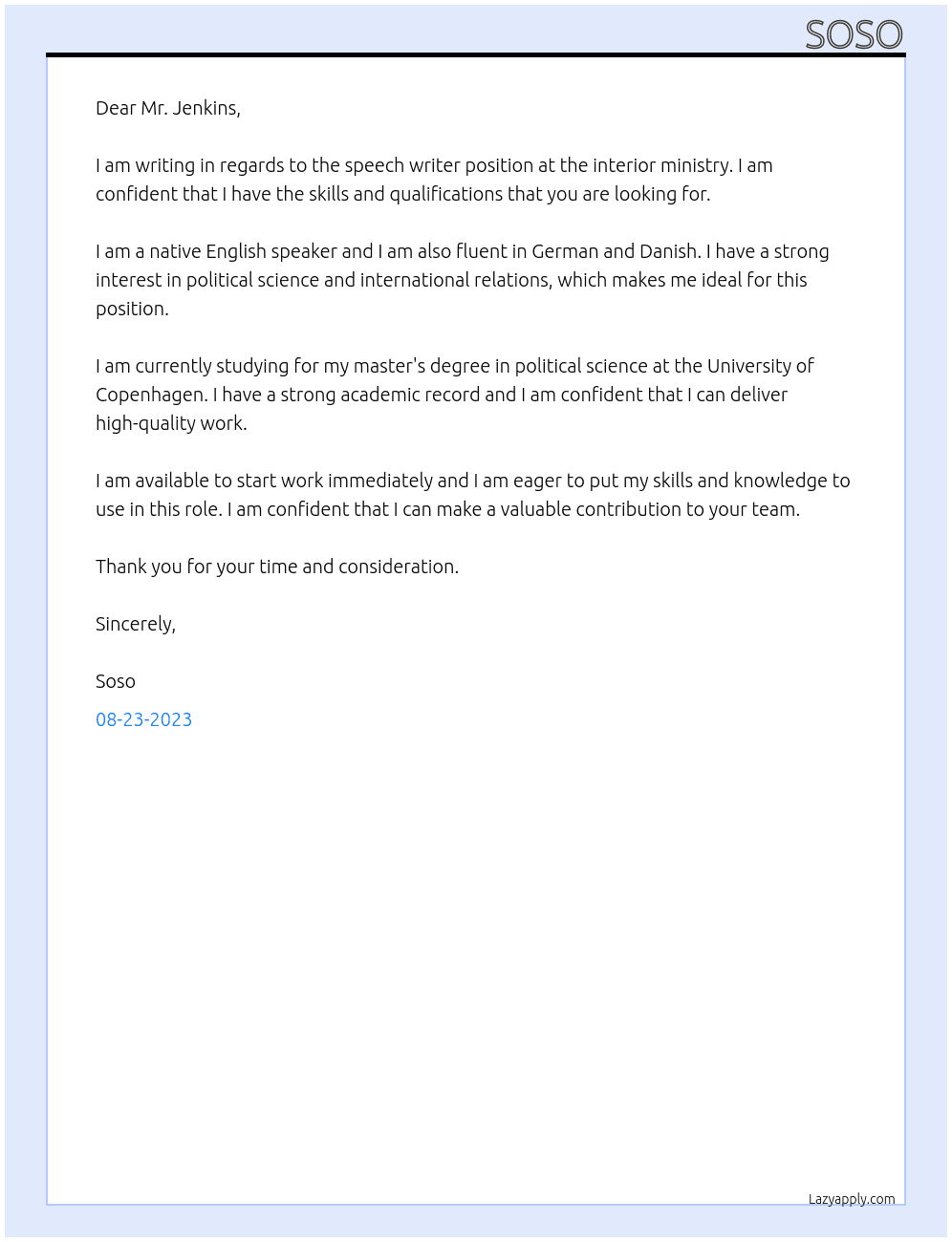 speech writer At interior ministry Cover Letter