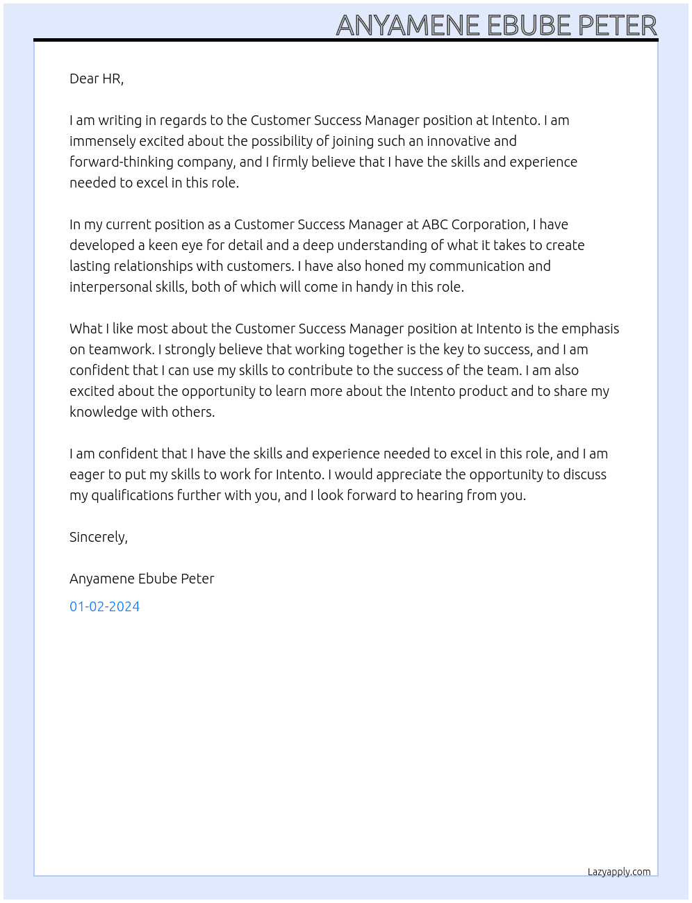 CUSTOMER SUCCESS MANAGER At INTENTO Cover Letter