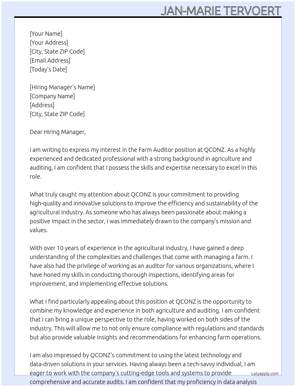 Farm Auditor At QCONZ Cover Letter