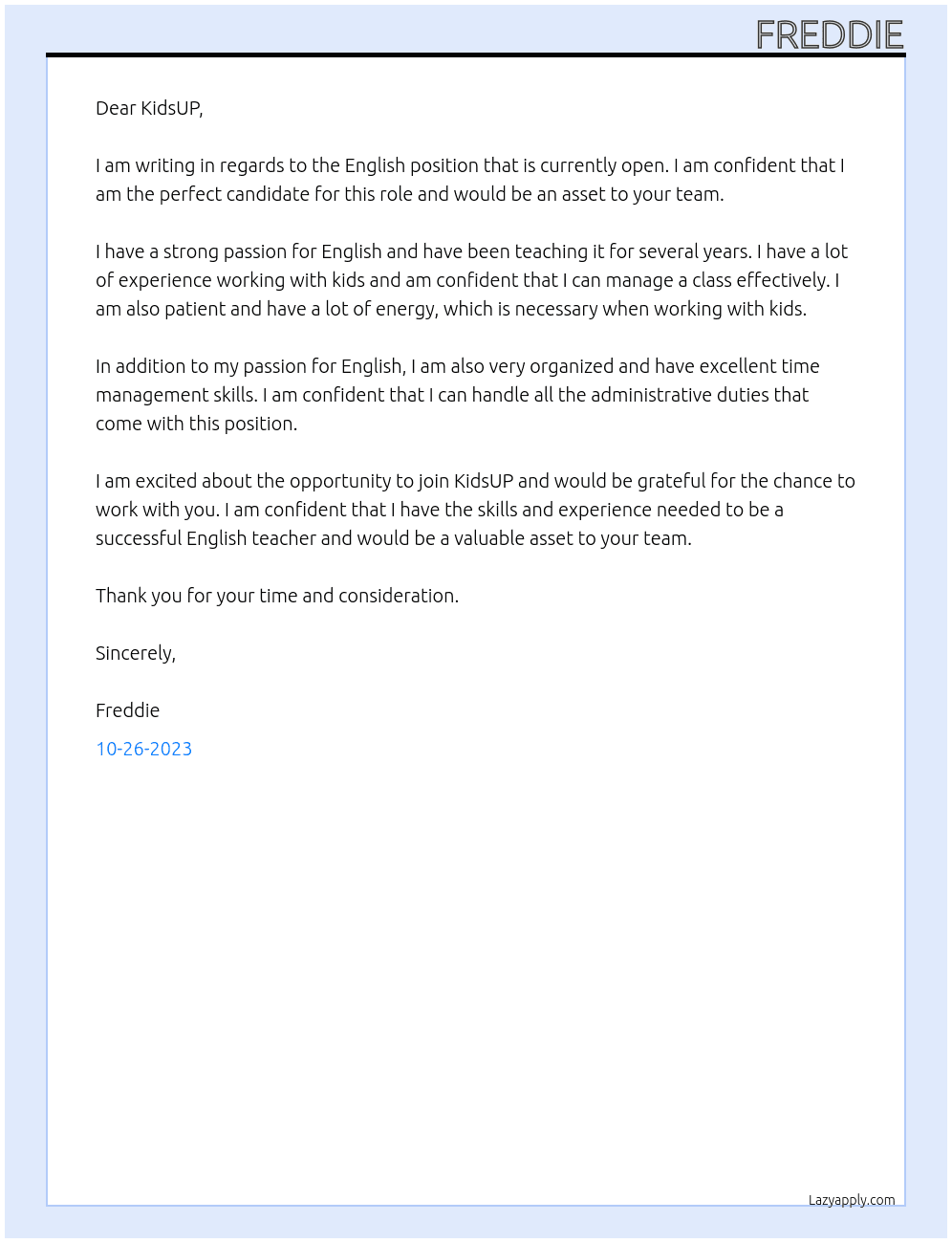 English At KidsUP Cover Letter